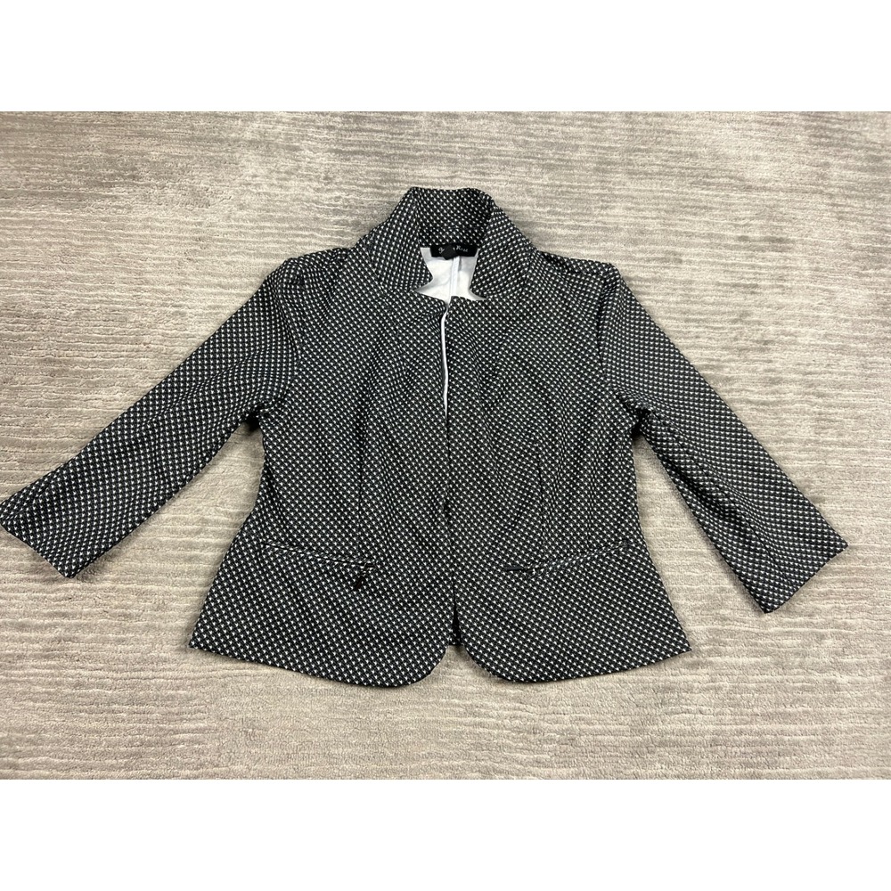 Jenna Rose Blazer Womens Med Black White Geometric‎ Open Front 3/4 Sleeve Jacket